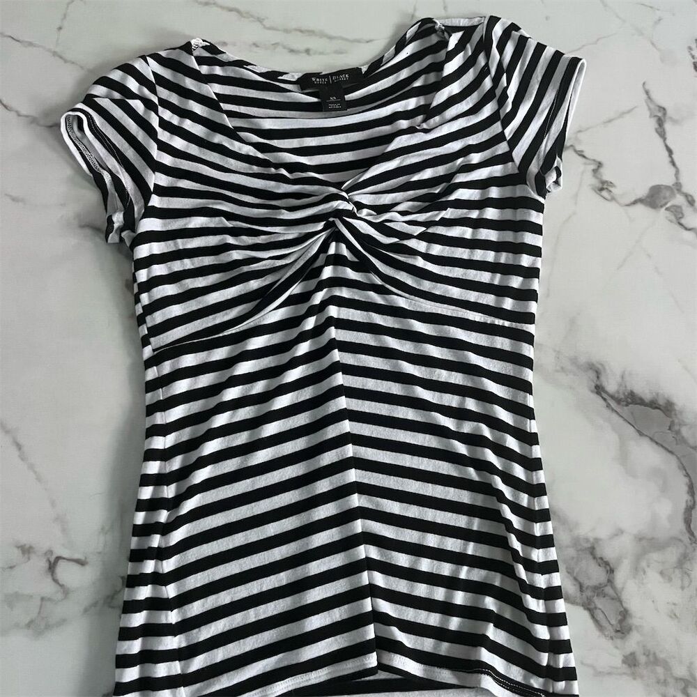 White House Black Market XS Striped Twist Front T-Shirt Black/White Women's